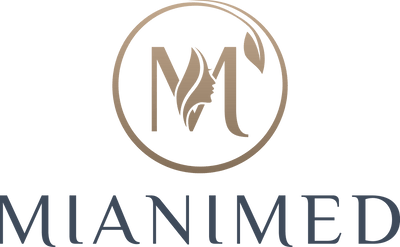 MIANIMED premium skincare logo with gold and silver design.