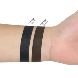 Swatches of MIANIMED premium skincare CPL 104 black and CPL 109 brown on wrist