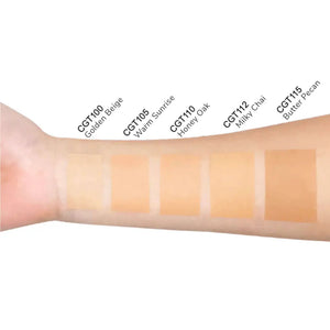 MIANIMED Premium skincare foundation shades on arm showing Golden Beige, Warm Sunrise, Honey Oak, Milky Chai, and Butter Pecan