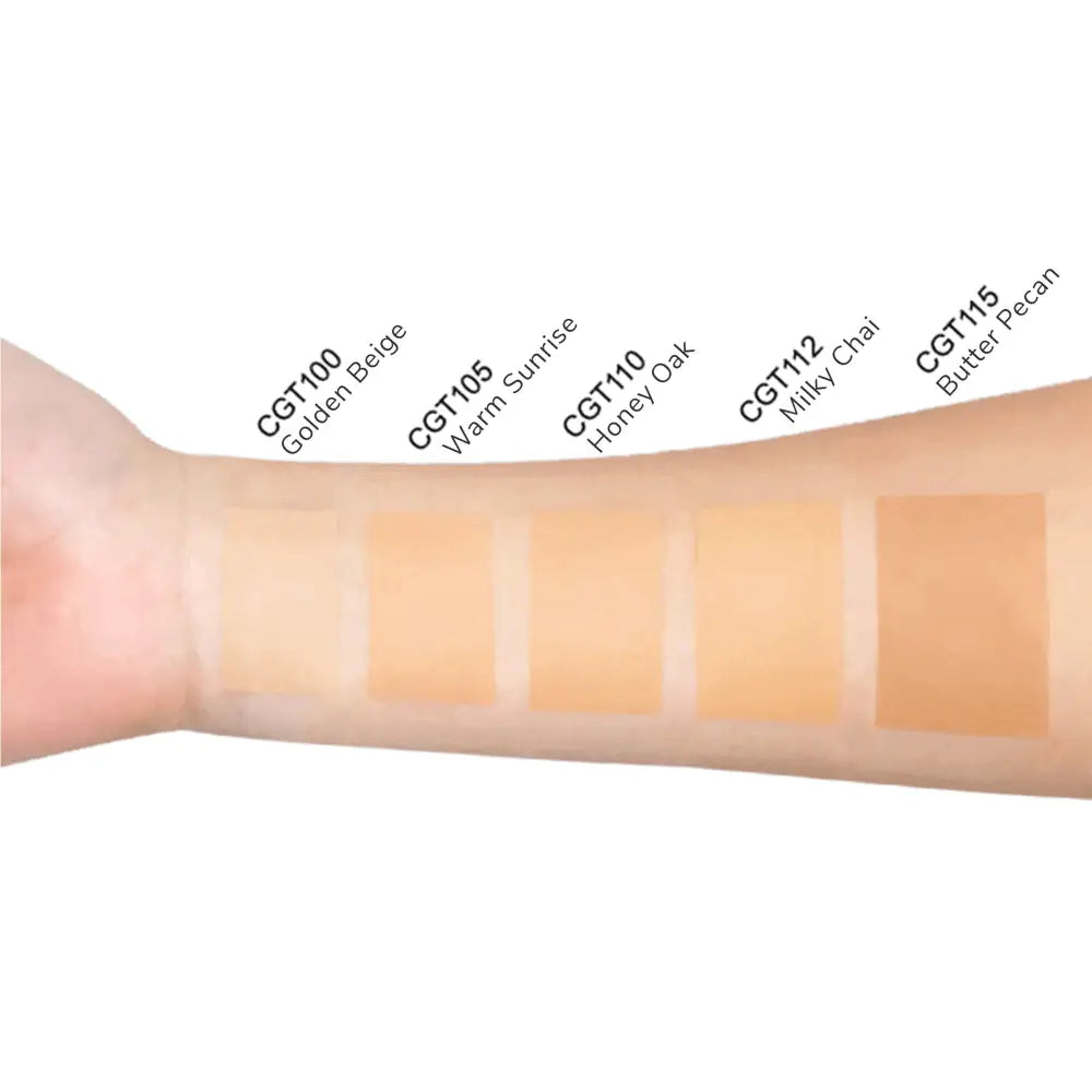 MIANIMED premium skincare foundation swatches on arm with shades from golden beige to butter pecan.
