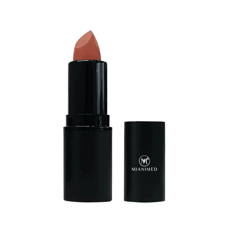 MIANIMED premium skincare lipstick in black casing with the cap removed, showing the lipstick shade.