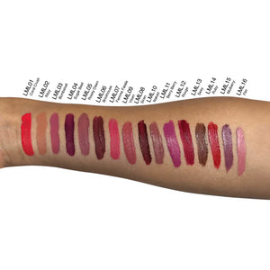 Arm displaying swatches of MIANIMED premium skincare lip colors in various shades from LM101 to LM116