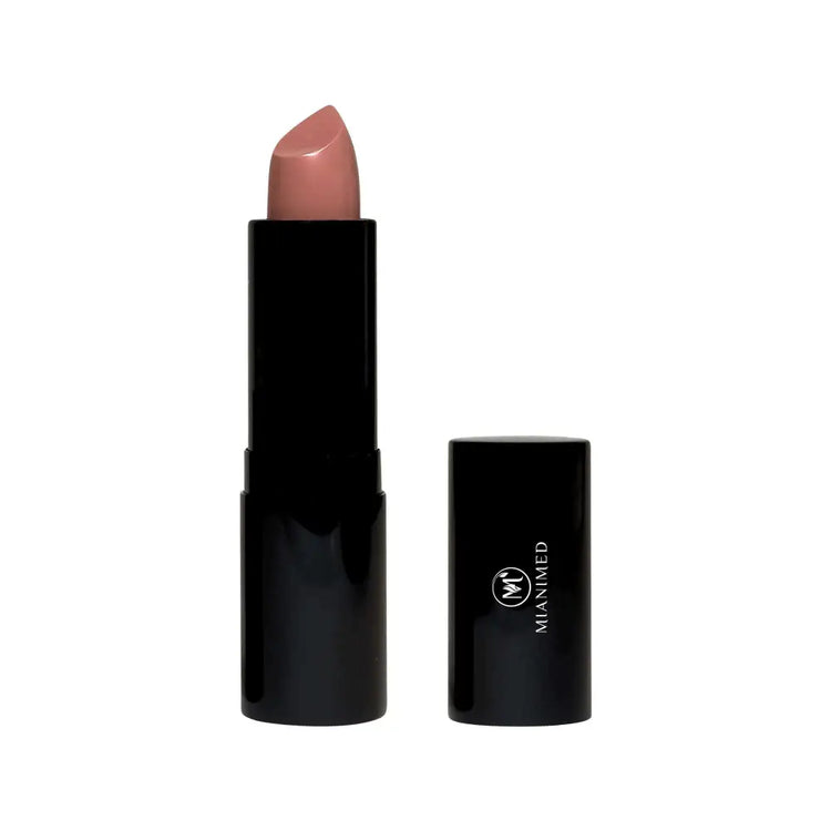 MIANIMED premium skincare lipstick with open cap, showcasing a luxury cosmetic product in elegant black packaging.