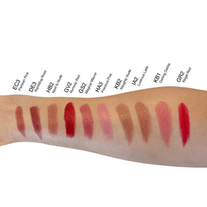 10 lip color swatches on arm, showcasing EC3, DE3, HB2, GV2, GS2, HA3, KB2, IA2, KB1, and GR2 shades from MIANIMED premium skincare.