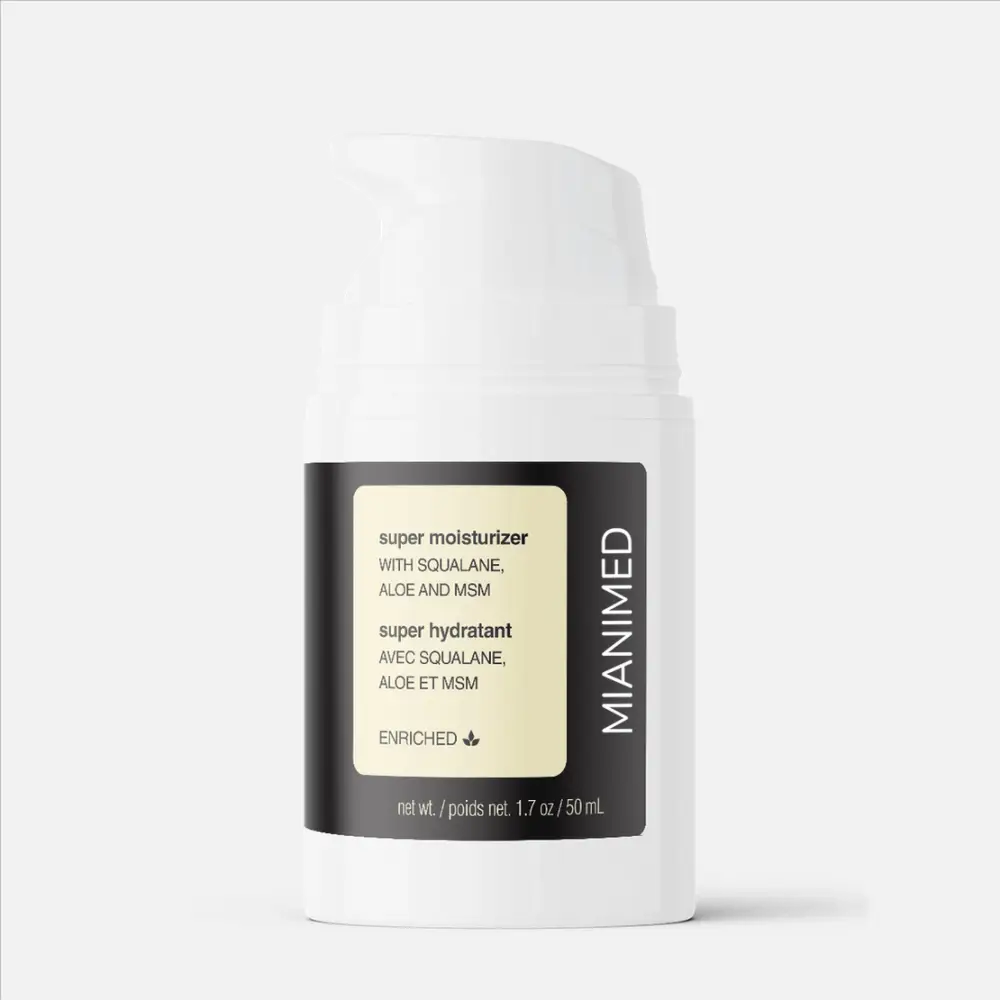 MIANIMED premium skincare product with squalane, aloe, and MSM in a white pump bottle.