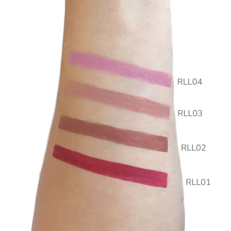 Swatches of MIANIMED premium lipstick shades RLL01 to RLL04 on skin